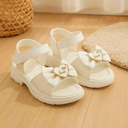 Girls’ Patent Glossy Bow Sandals with Heart Accent (KS-065)