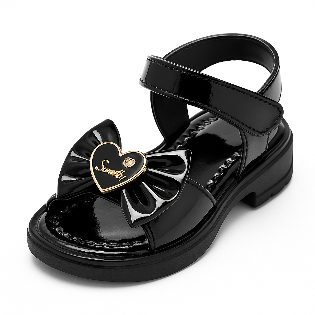 Girls’ Patent Glossy Bow Sandals with Heart Accent (KS-065)