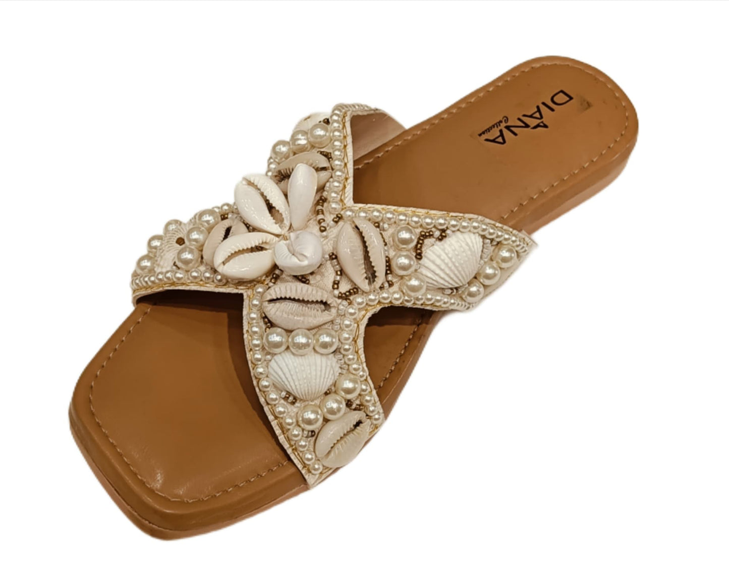 Women's Shell & Pearl Embellished Cross-Strap Flats (LC-151)