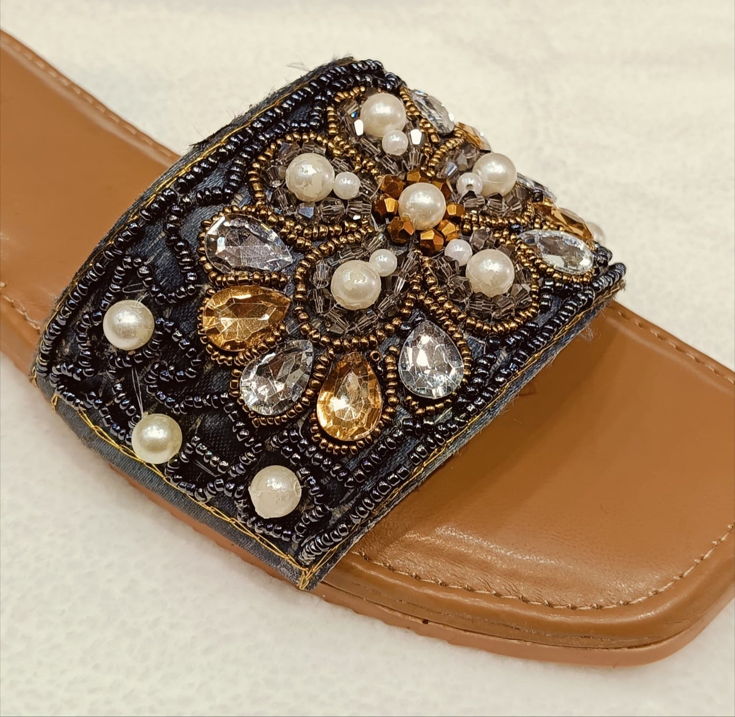 Embellished Pearl & Stone Designer Slides for Women (LC-153)