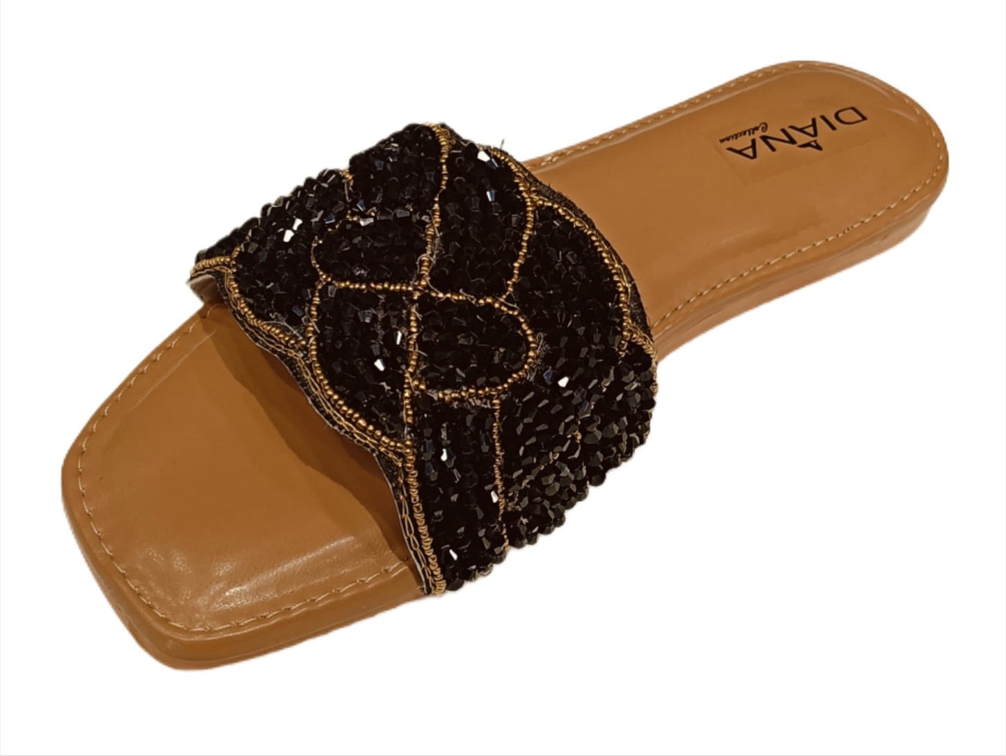Elegant Black Sequin Slide Sandals with Golden Accents (LC-159)