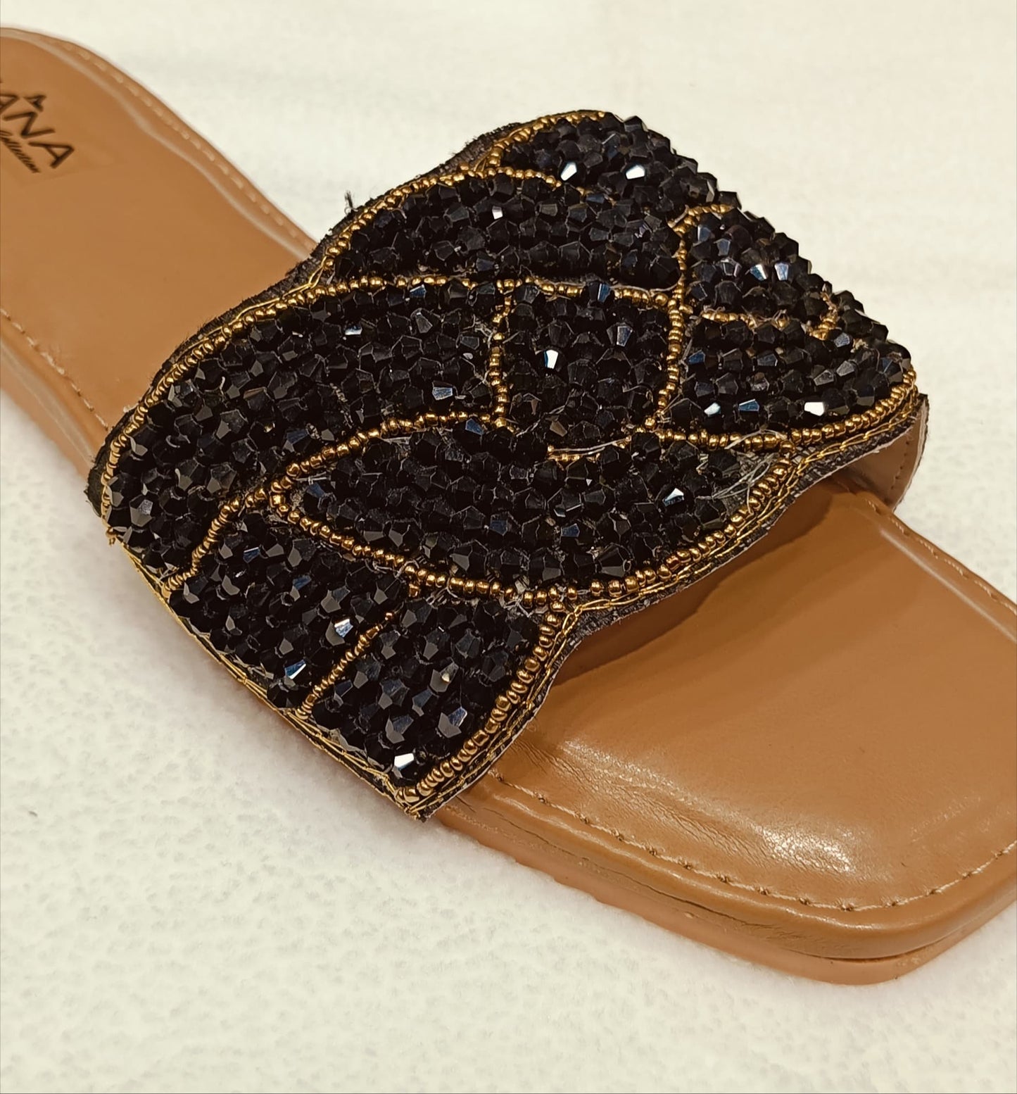 Elegant Black Sequin Slide Sandals with Golden Accents (LC-159)
