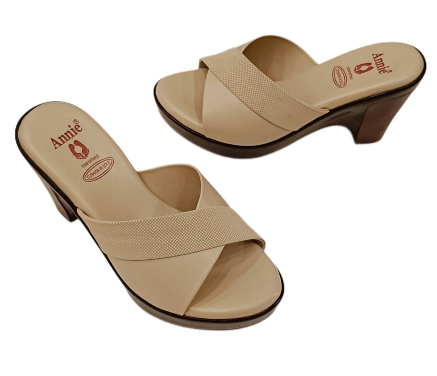 Annie Beige Textured Cross-Strap Block Heel (41034)