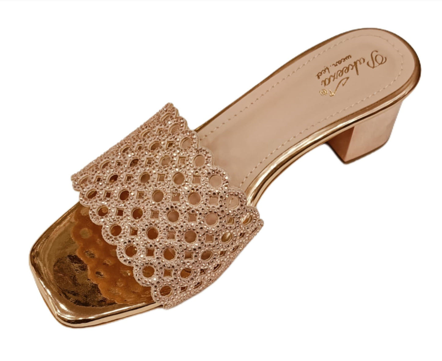 Pakeeza Women's Champagne Gold Embellished Block Heel Sandals – Festive & Party Wear (LC-187)