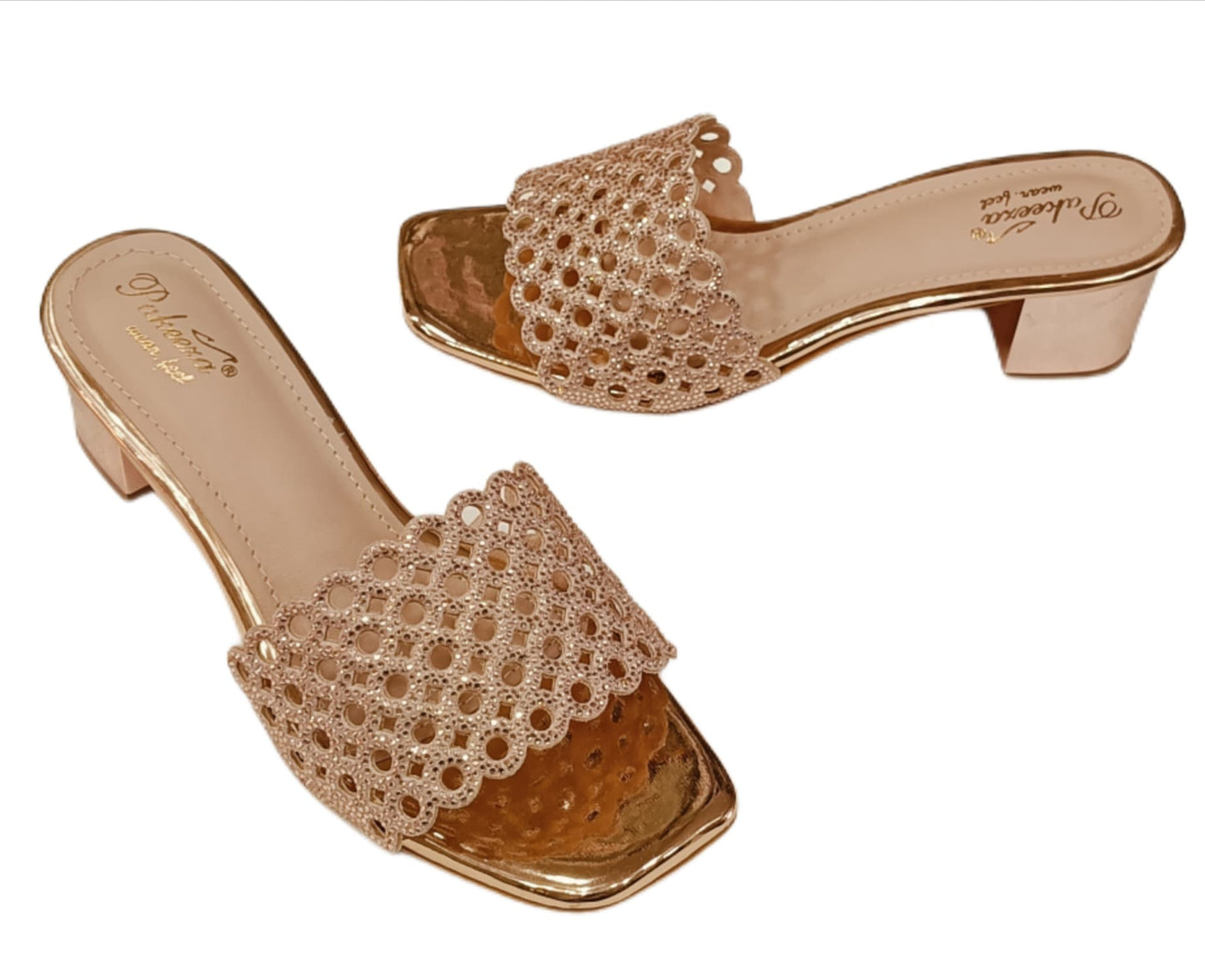 Pakeeza Women's Champagne Gold Embellished Block Heel Sandals – Festive & Party Wear (LC-187)