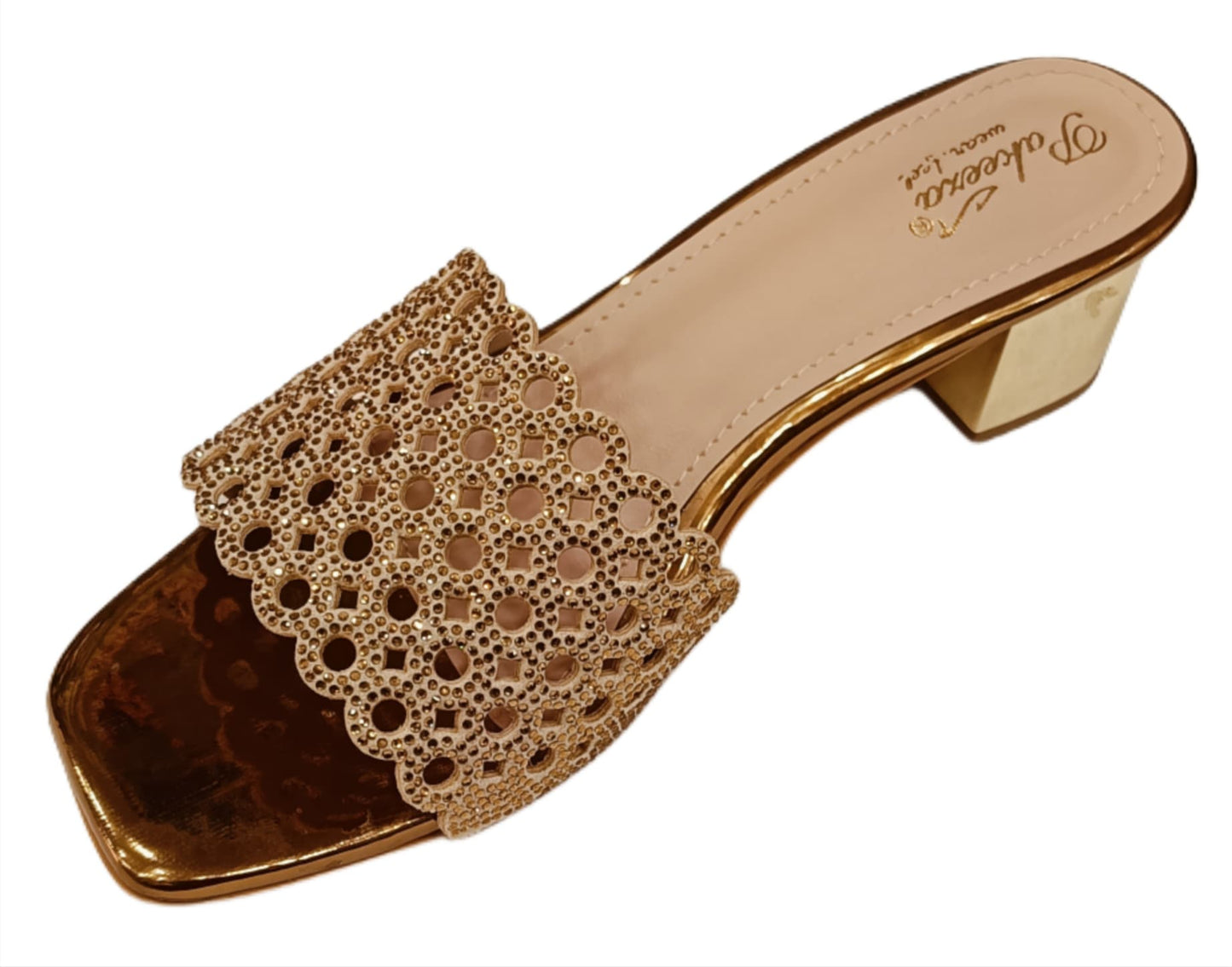 Pakeeza Women's Champagne Gold Embellished Block Heel Sandals – Festive & Party Wear (LC-187)