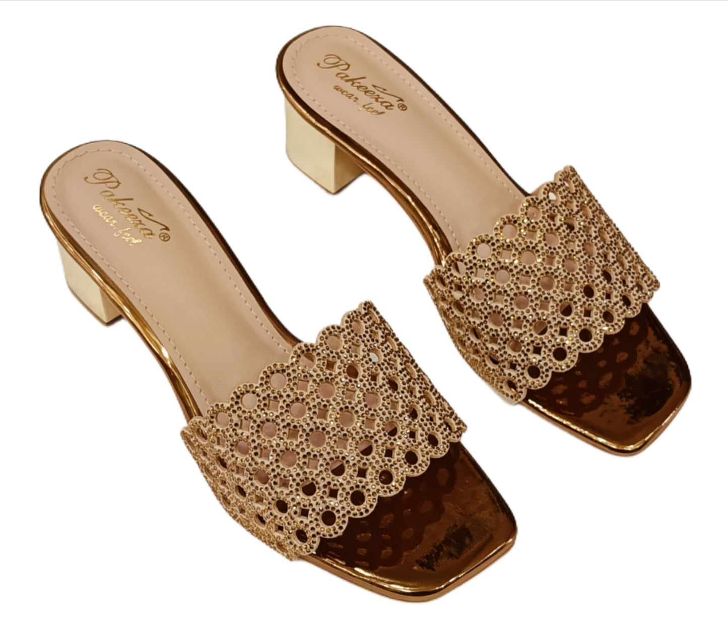 Pakeeza Women's Champagne Gold Embellished Block Heel Sandals – Festive & Party Wear (LC-187)