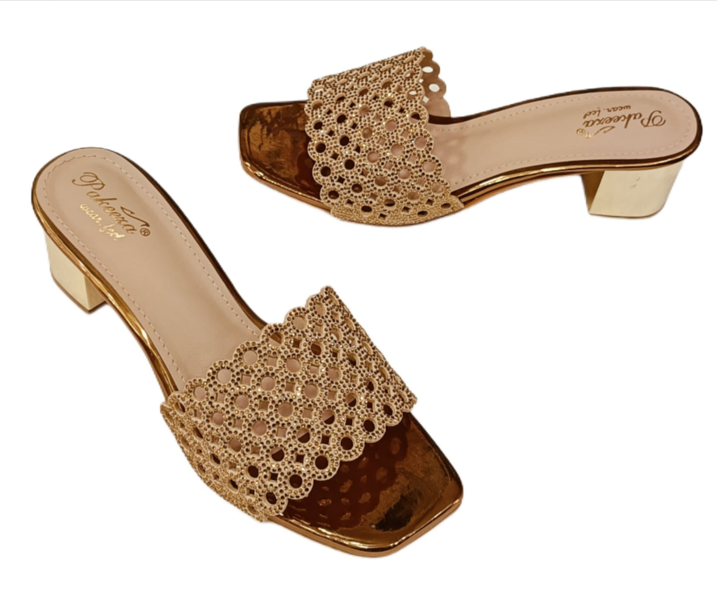 Pakeeza Women's Champagne Gold Embellished Block Heel Sandals – Festive & Party Wear (LC-187)