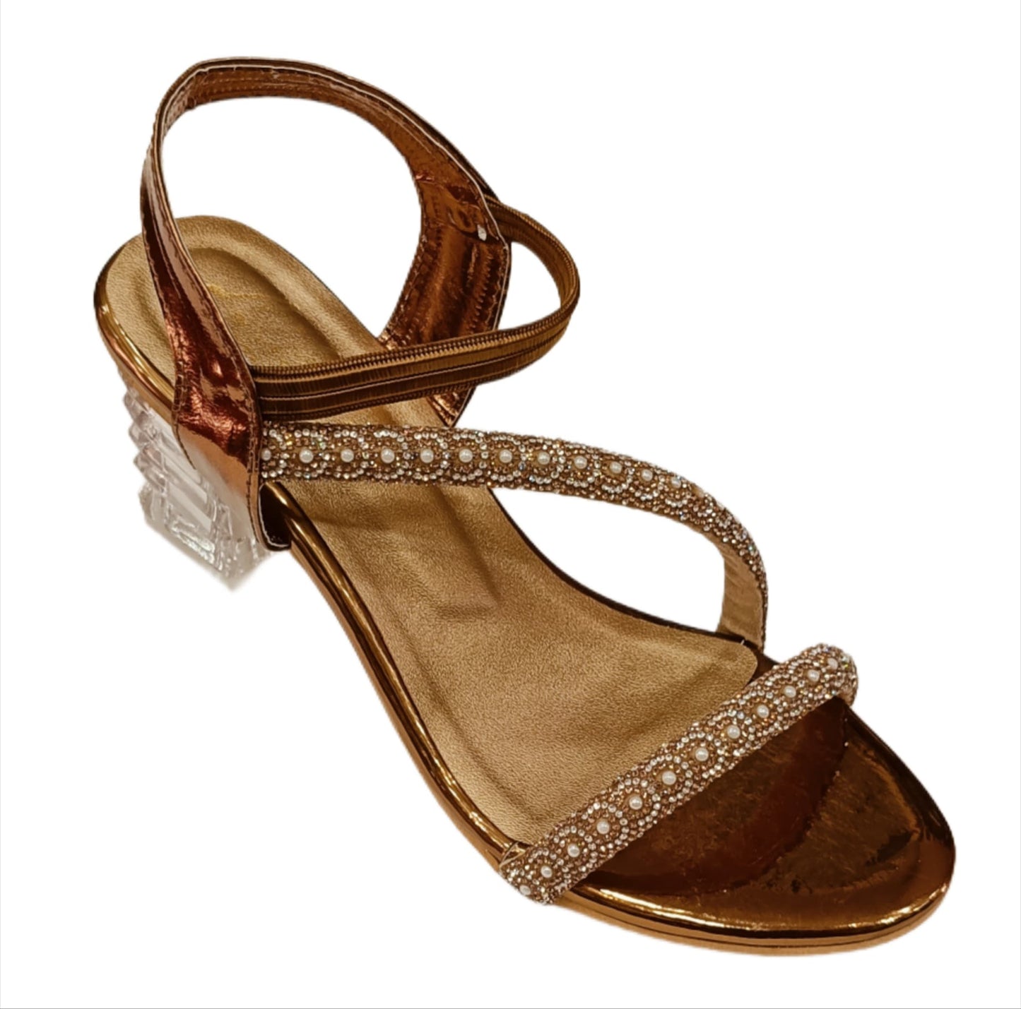 Elegant Pearl-Embellished Strappy Sandals with Transparent Block Heel (LS-075)