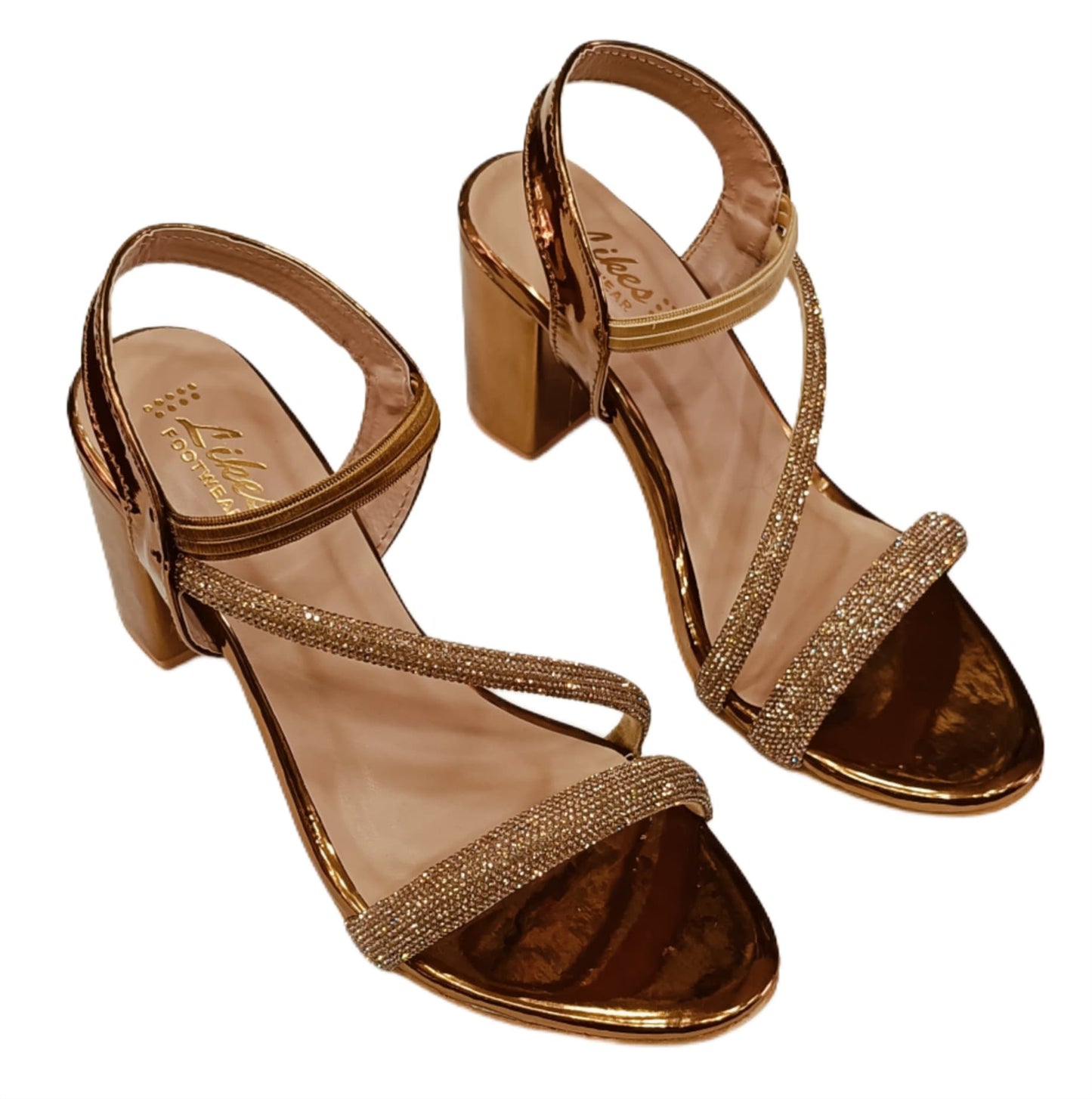 Golden Shimmer Strappy Block Heel Sandals for Women (LS-076)