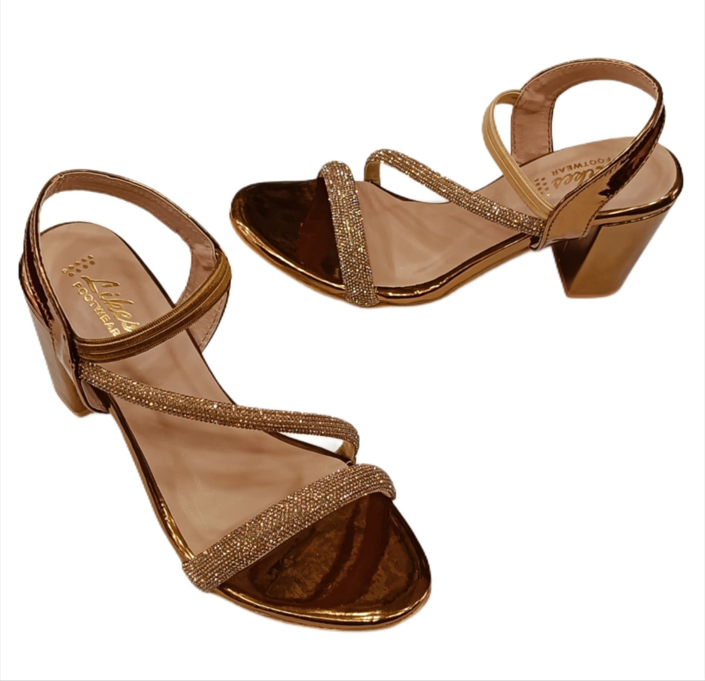 Golden Shimmer Strappy Block Heel Sandals for Women (LS-076)