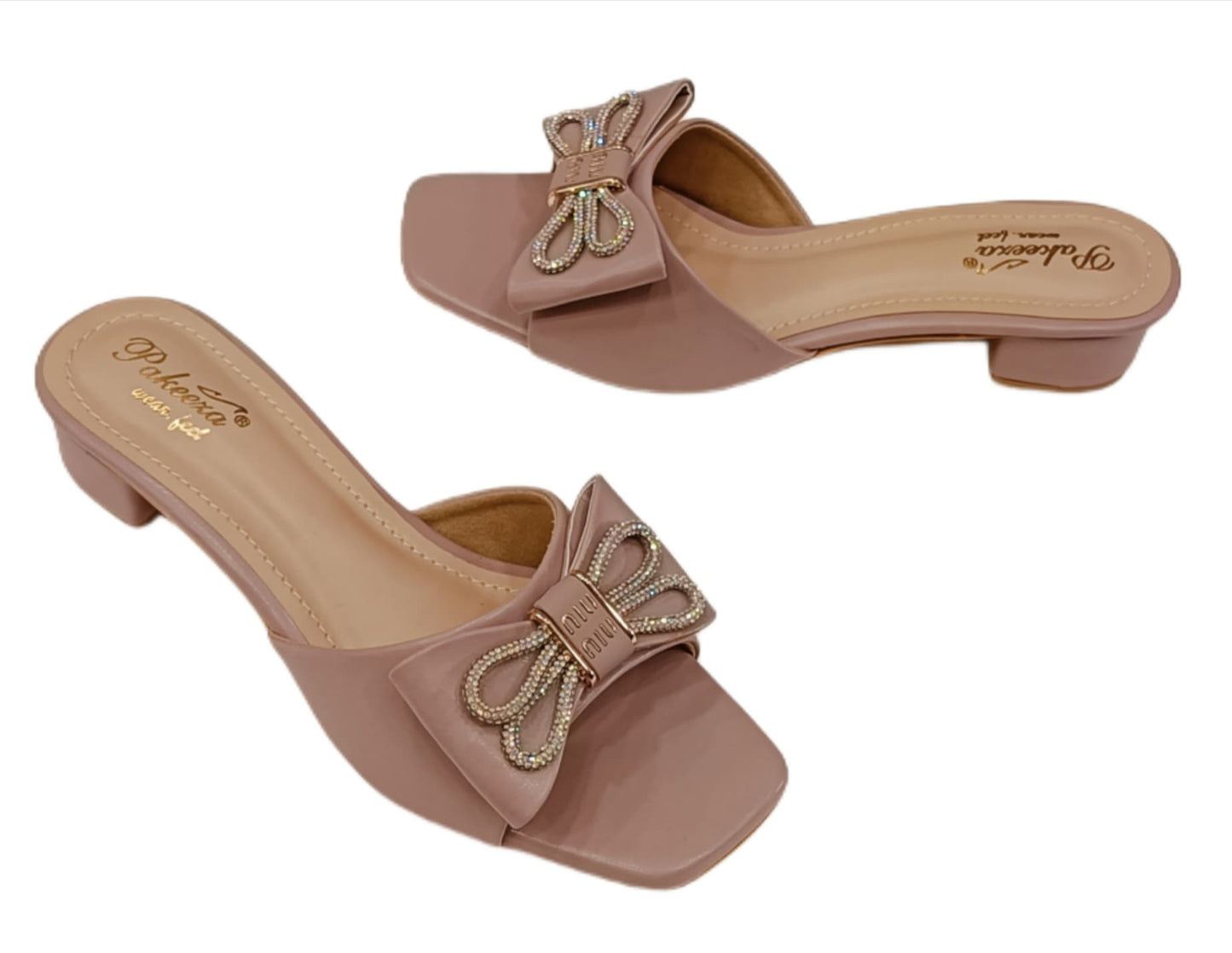 Bow Embellished Low Block Heel Mules – Dusty Pink & Black (Pakeeza LC-186)