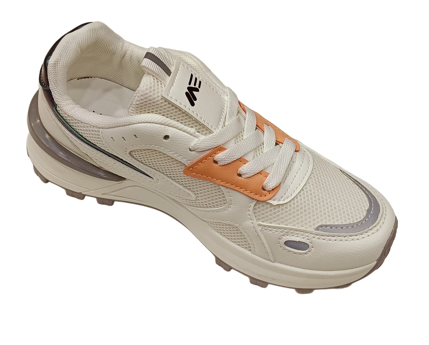 Women’s Off-White Mesh & PU Lace-Up Sneakers with Orange Accent and Iridescent Heel (WAK-05)