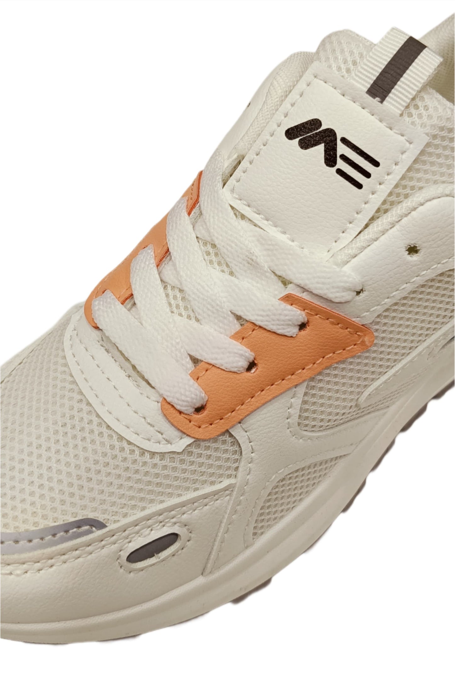 Women’s Off-White Mesh & PU Lace-Up Sneakers with Orange Accent and Iridescent Heel (WAK-05)
