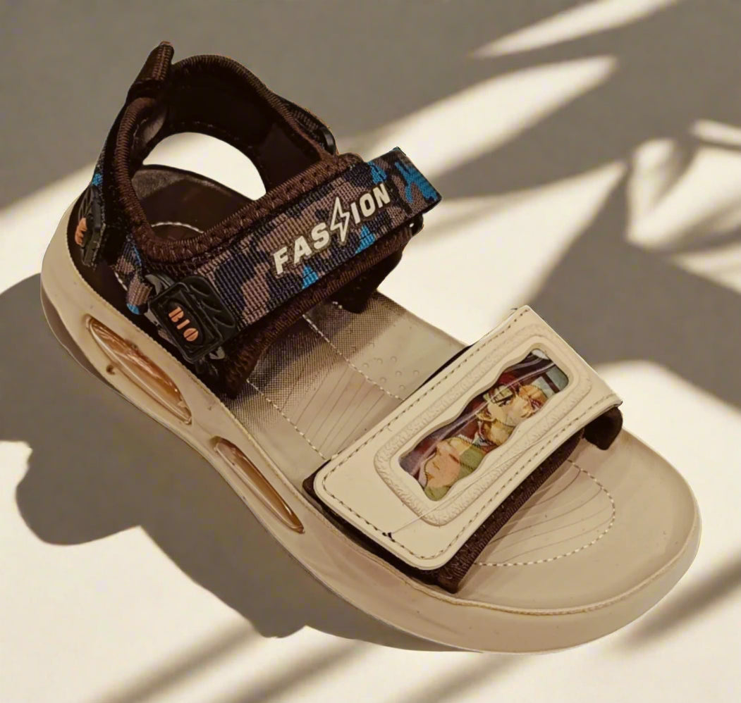 Beige sandal with brown straps and 'Fashion' label on a white background