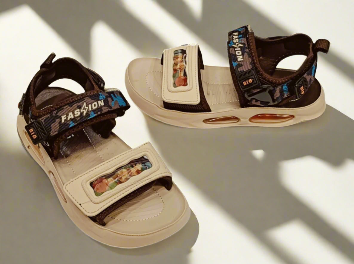 Pair of children's sandals with 'Fastion' branding on a white background