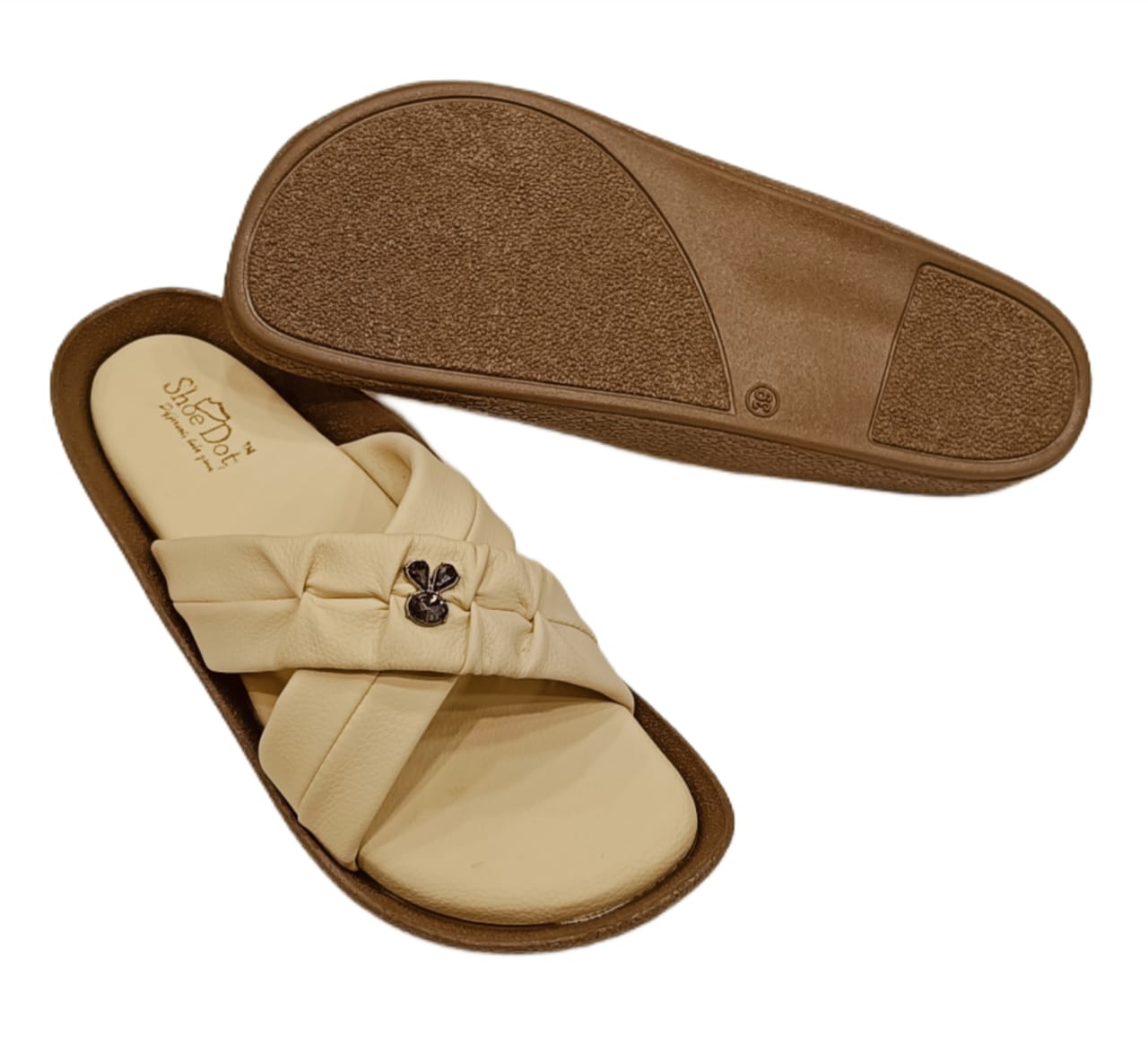 Women’s Elegant Cross-Strap Slides – Soft Cushion Slip-Ons with Bunny Charm Detail (LC-2009)