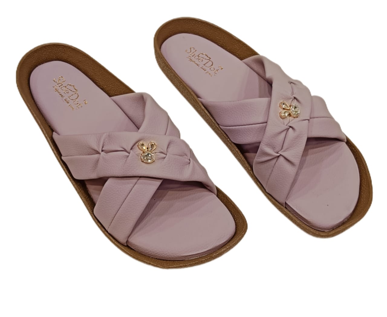 Women’s Elegant Cross-Strap Slides – Soft Cushion Slip-Ons with Bunny Charm Detail (LC-2009)