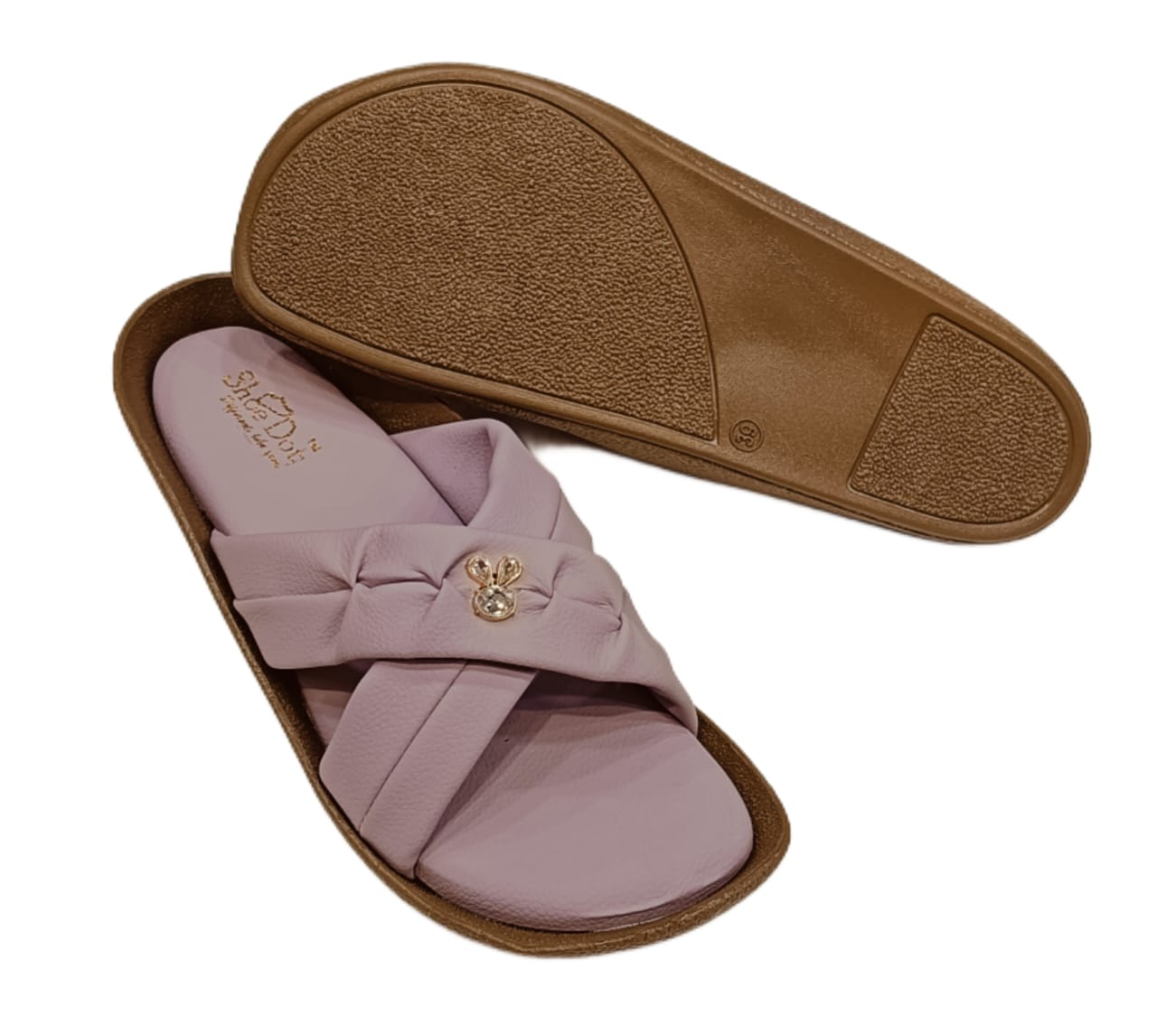 Women’s Elegant Cross-Strap Slides – Soft Cushion Slip-Ons with Bunny Charm Detail (LC-2009)