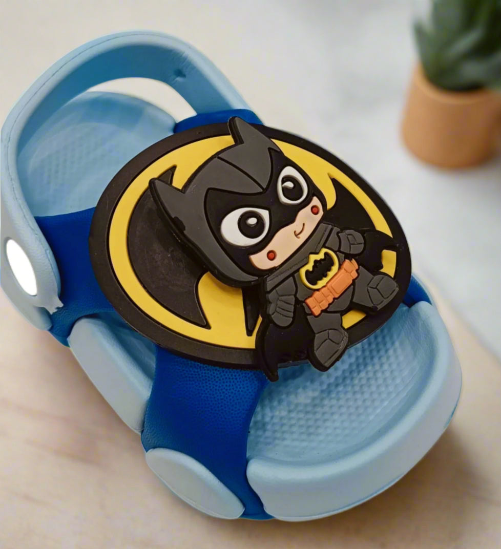 Blue sandal with a Batman character on a white background