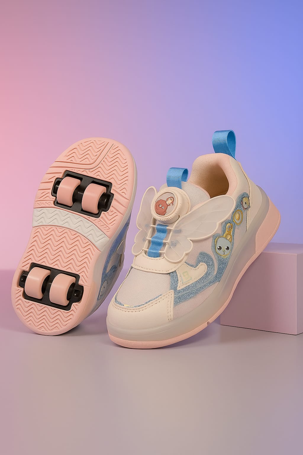 Girls' Butterfly LED Light-Up Shoes with Detachable Roller Wheels – Chargeable Lights with 16 Modes (KS-3752)