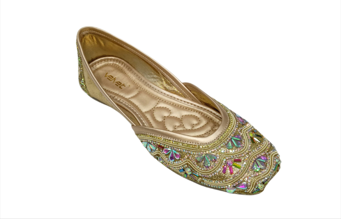 Velvet Multicolor Stone Embroidered Golden Women’s Jutti – Premium Festive & Wedding Wear  (FZ11)