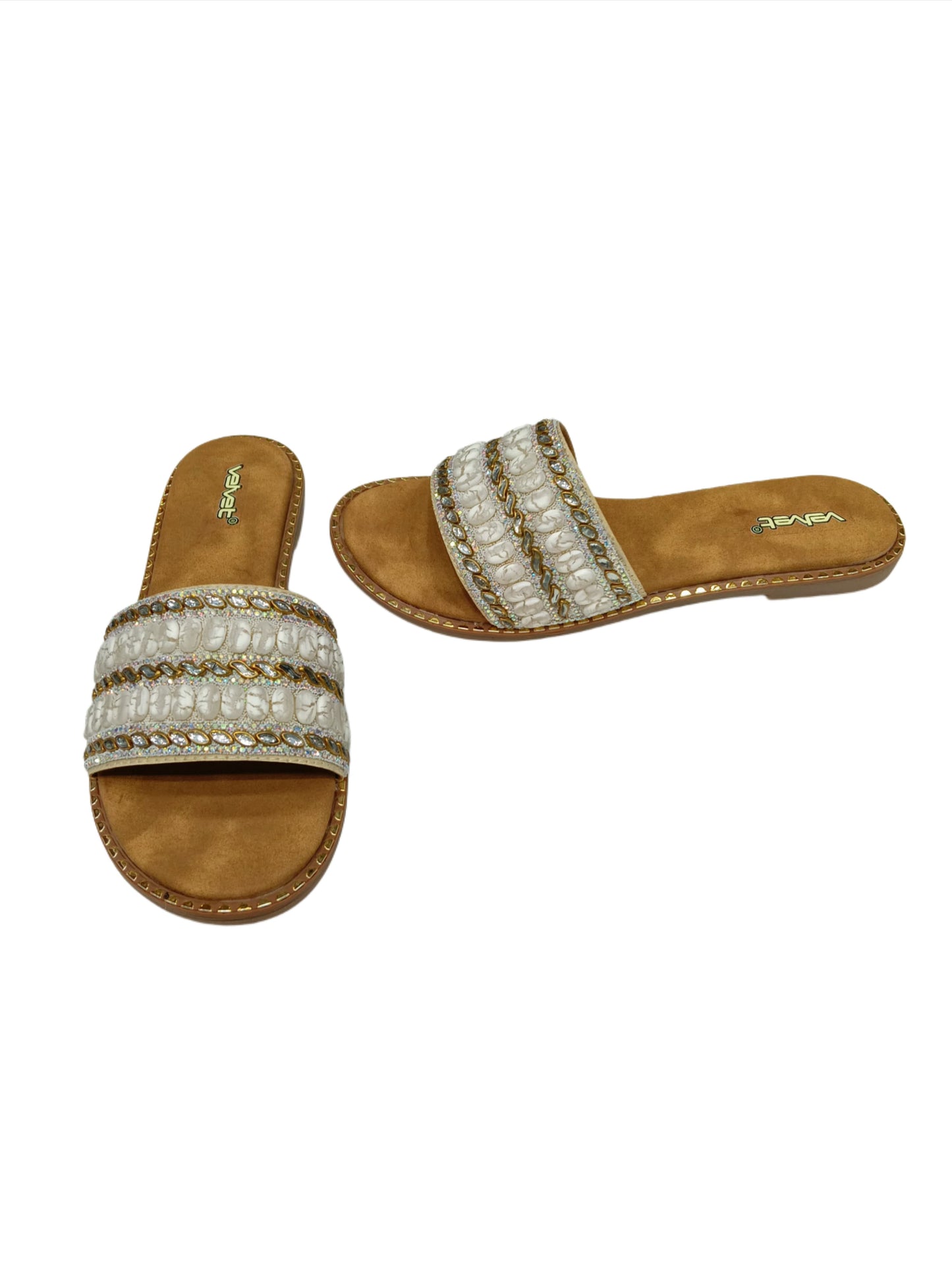 Velvet White Pearl Embellished Ethnic Women’s Flat Slides – Handcrafted Festive Footwear (VT04)