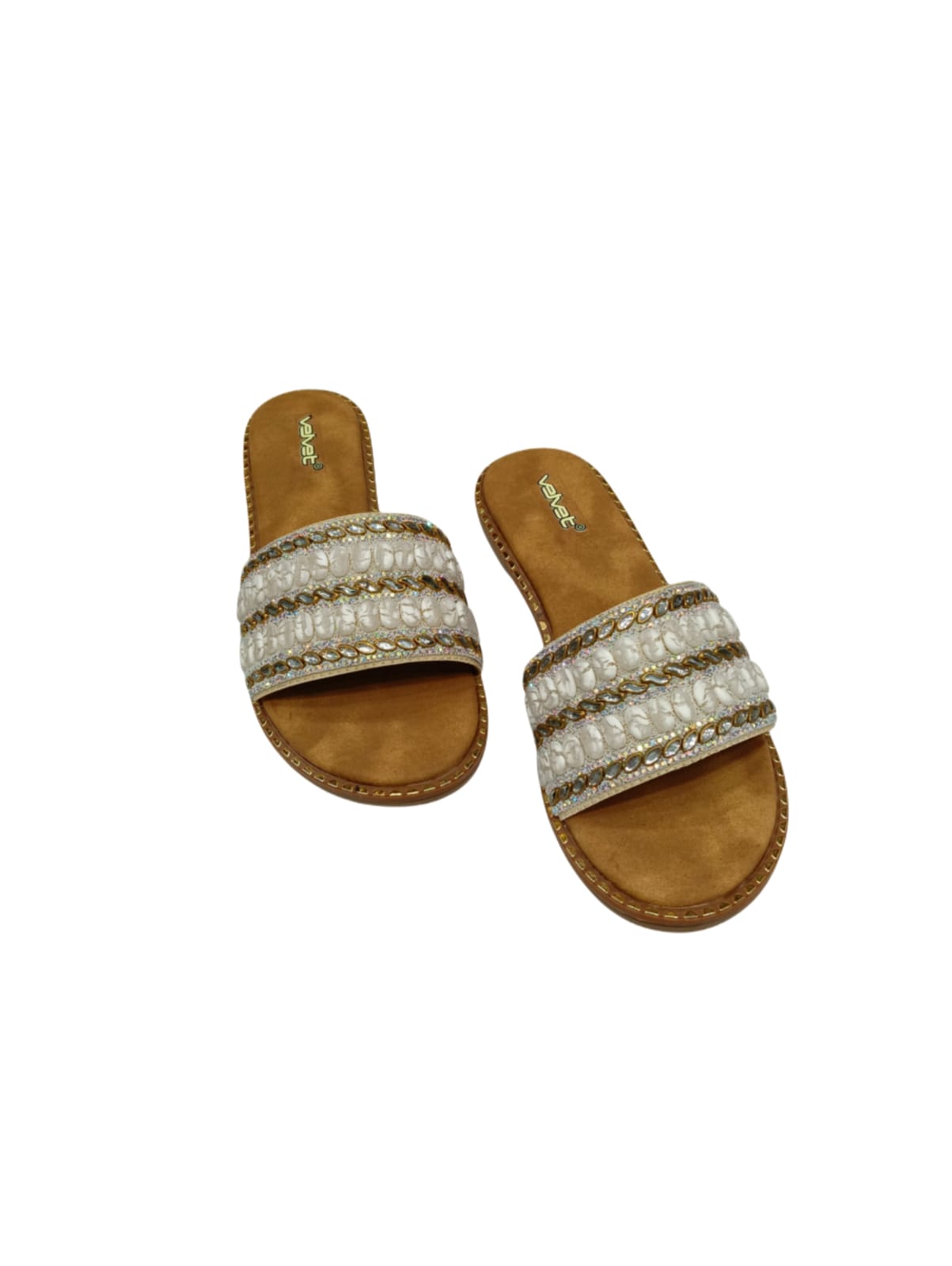 Velvet White Pearl Embellished Ethnic Women’s Flat Slides – Handcrafted Festive Footwear (VT04)