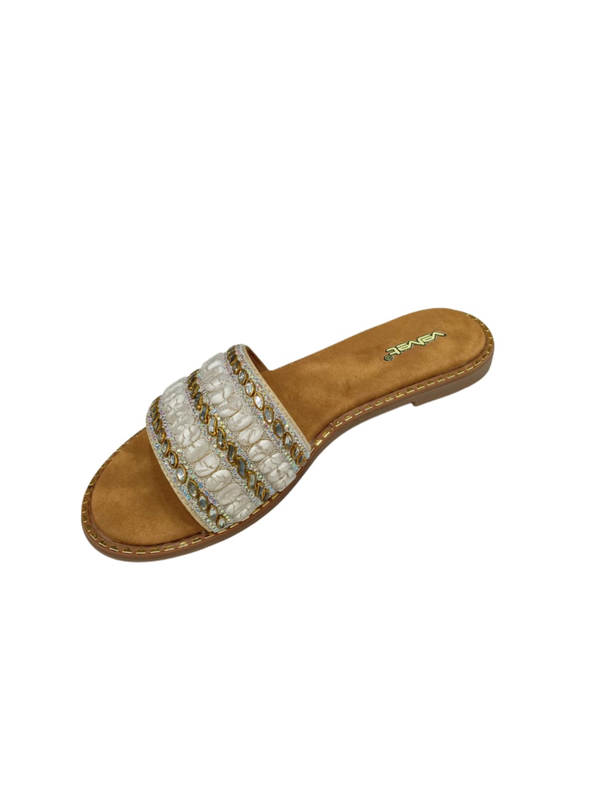 Velvet White Pearl Embellished Ethnic Women’s Flat Slides – Handcrafted Festive Footwear (VT04)