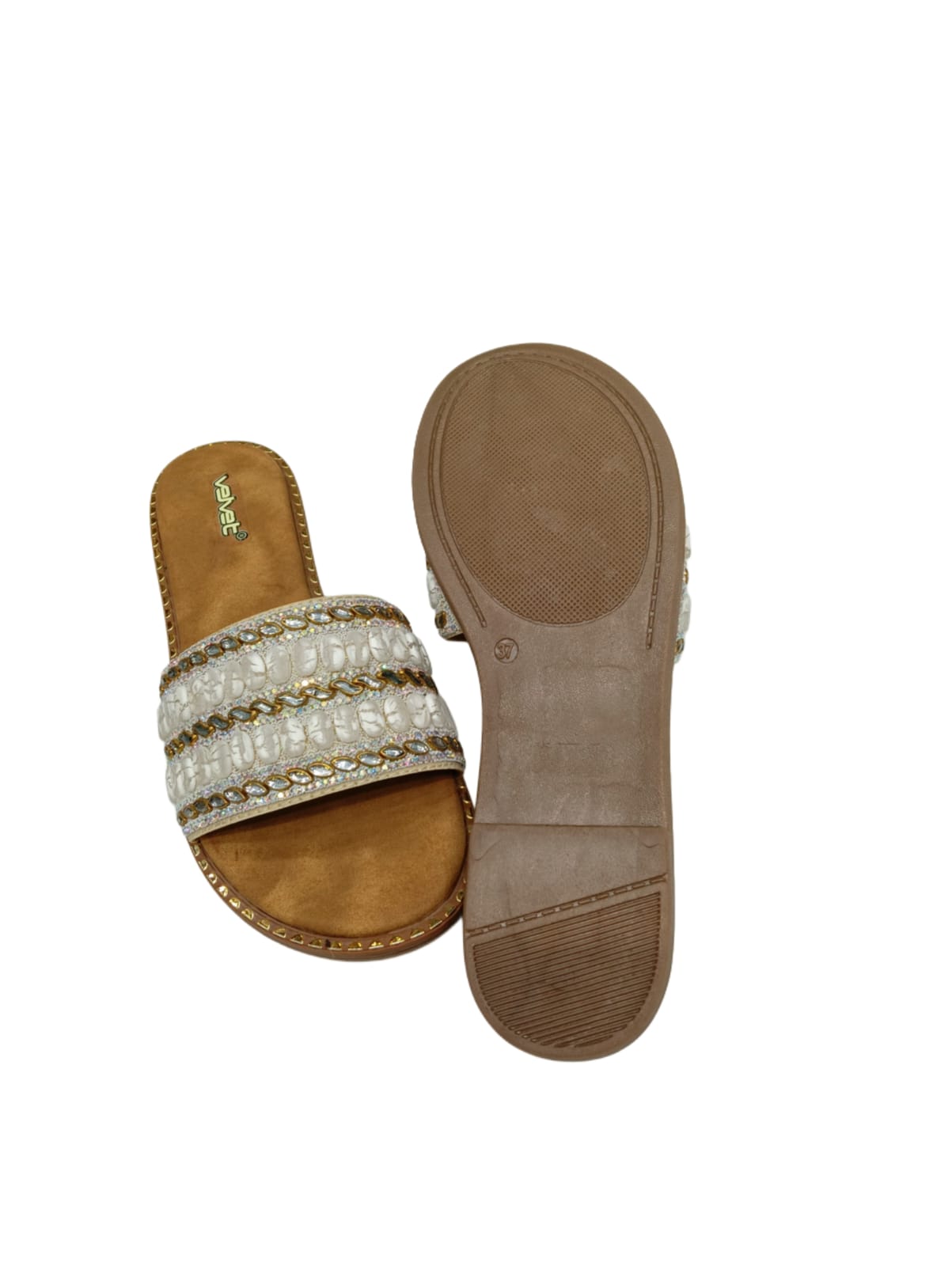 Velvet White Pearl Embellished Ethnic Women’s Flat Slides – Handcrafted Festive Footwear (VT04)