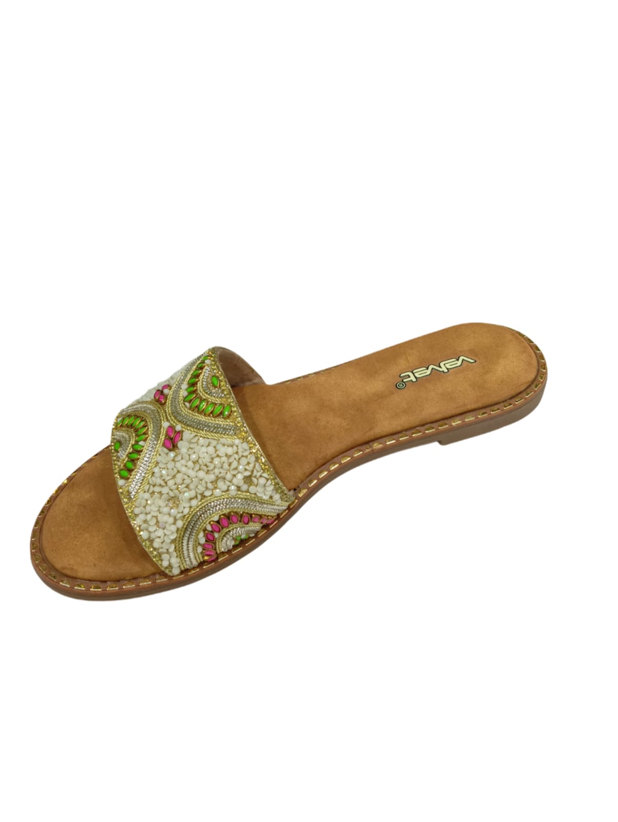 Velvet Women’s Traditional Ethnic Embroidered Flat Slides – Multicolor Beaded Design (VT01)