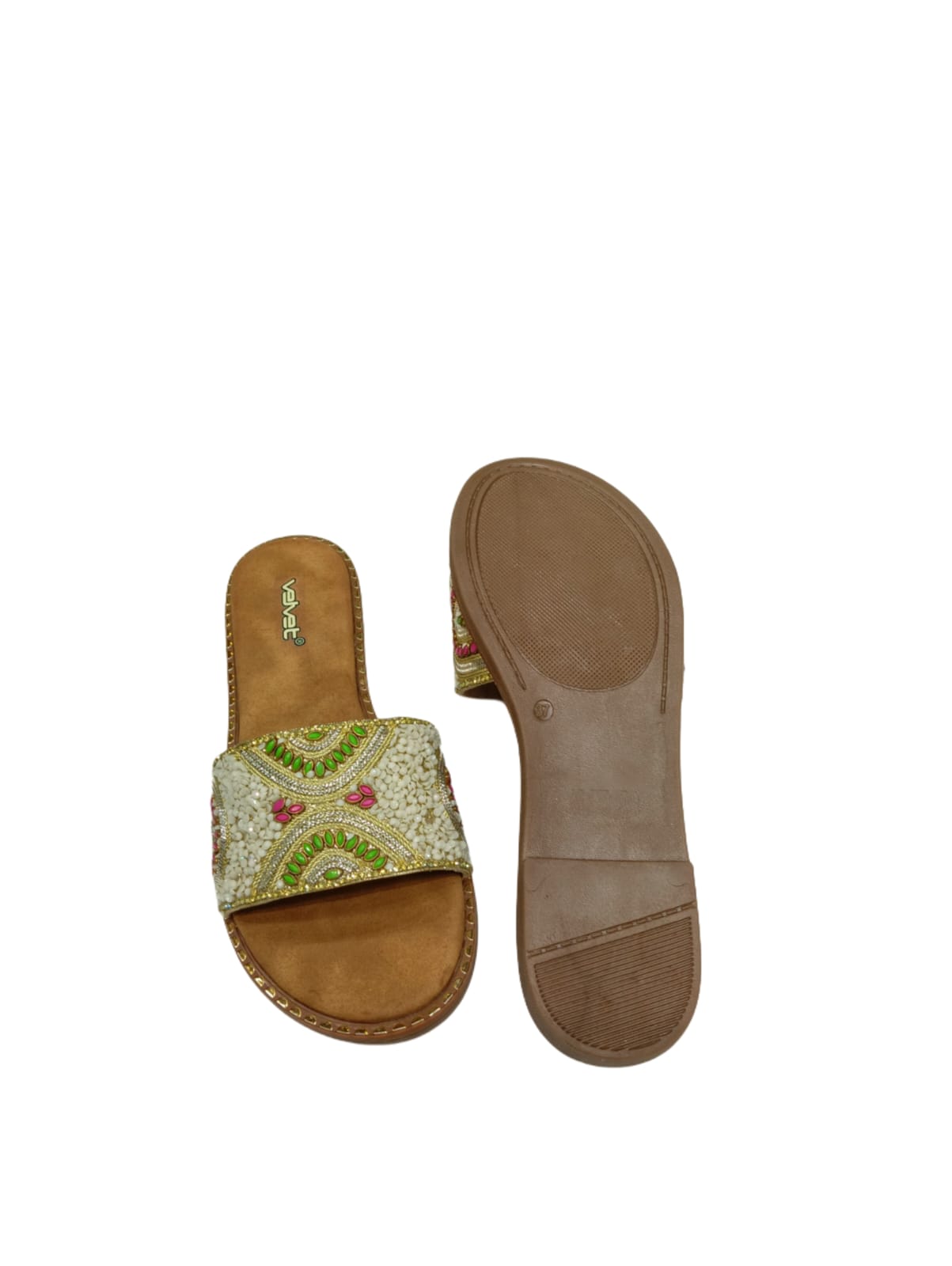 Velvet Women’s Traditional Ethnic Embroidered Flat Slides – Multicolor Beaded Design (VT01)