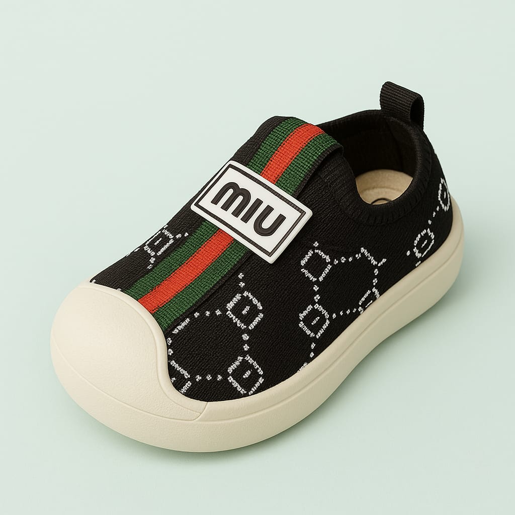 Trendy Black Slip-On Casual Shoes for Boys & Girls – Soft Sole with Designer Print & Stripe Detail (KS-5505)
