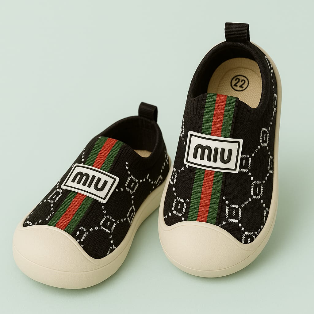 Trendy Black Slip-On Casual Shoes for Boys & Girls – Soft Sole with Designer Print & Stripe Detail (KS-5505)