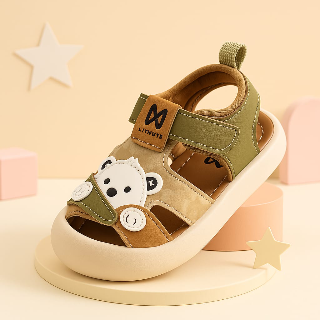 Cute Bear Motif Kids Sandals – Olive & Beige | Soft Comfort Footwear (KS-ML-307)