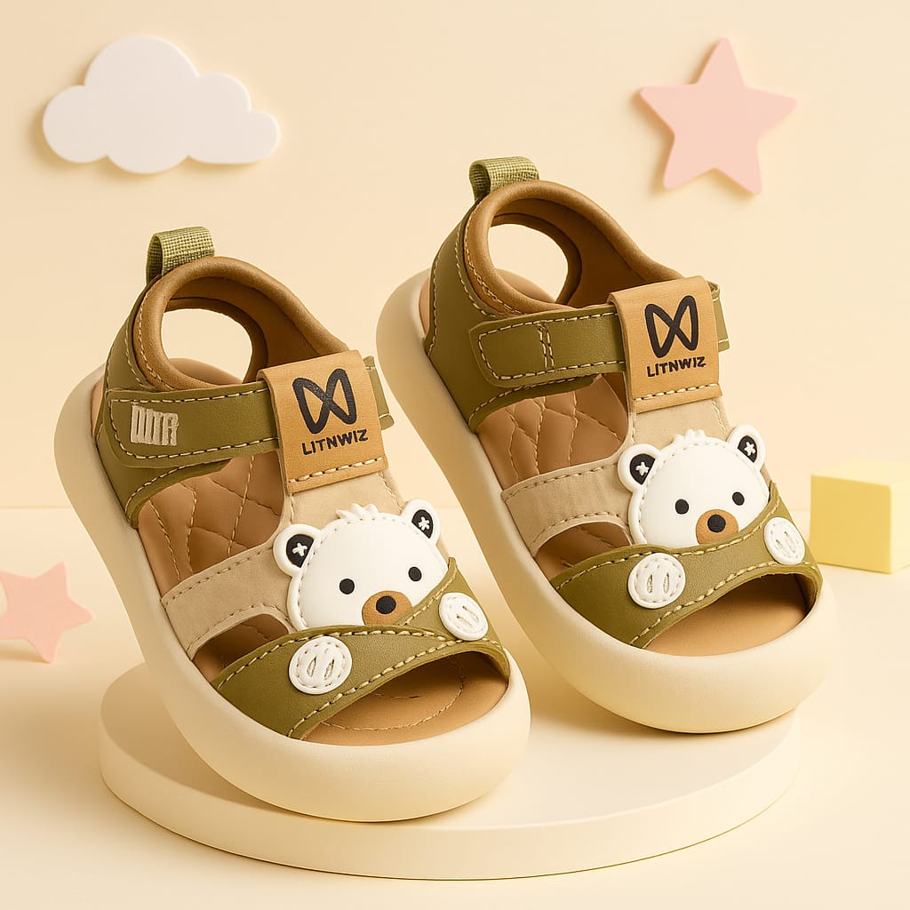Cute Bear Motif Kids Sandals – Olive & Beige | Soft Comfort Footwear (KS-ML-307)