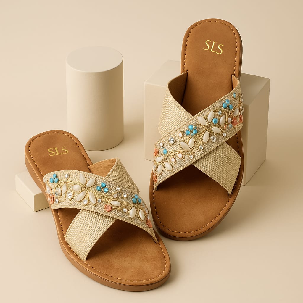Women’s Embellished Ethnic Flats – Cross Strap Sliders with Shell & Stone Work (D20012)