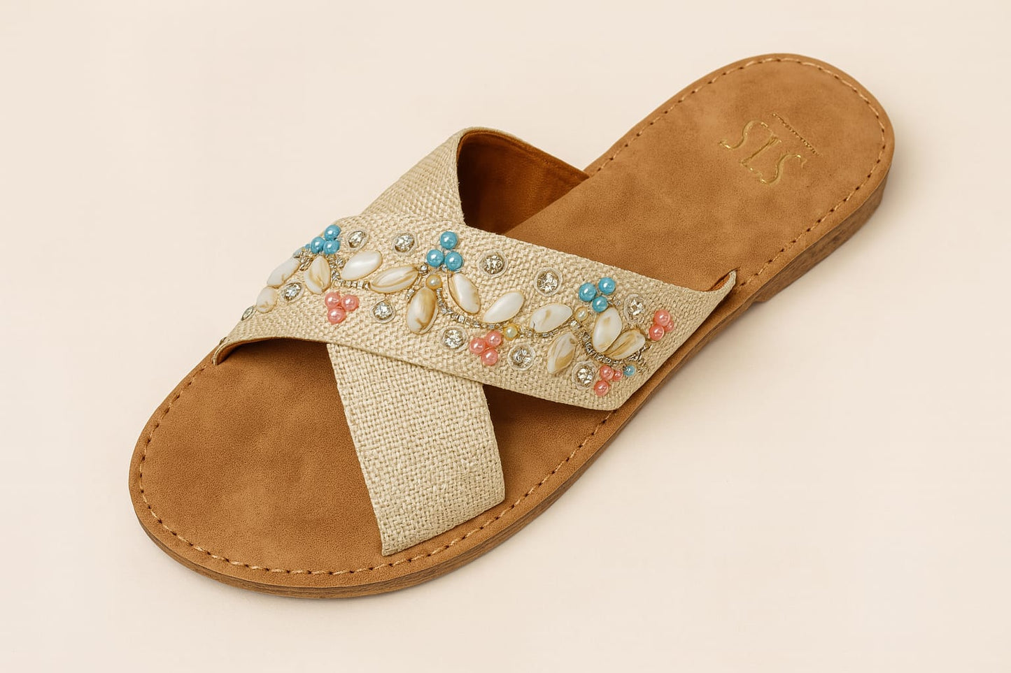 Women’s Embellished Ethnic Flats – Cross Strap Sliders with Shell & Stone Work (D20012)