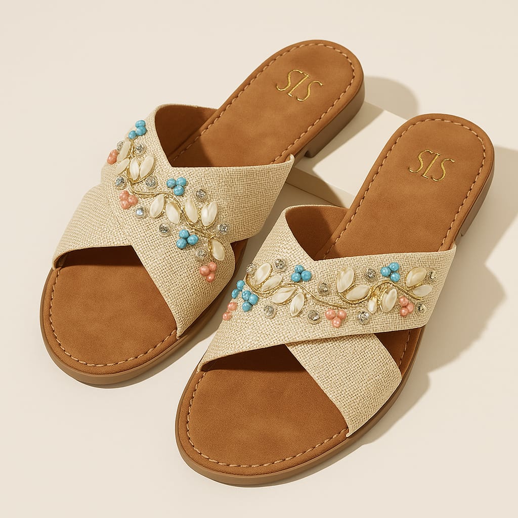 Women’s Embellished Ethnic Flats – Cross Strap Sliders with Shell & Stone Work (D20012)