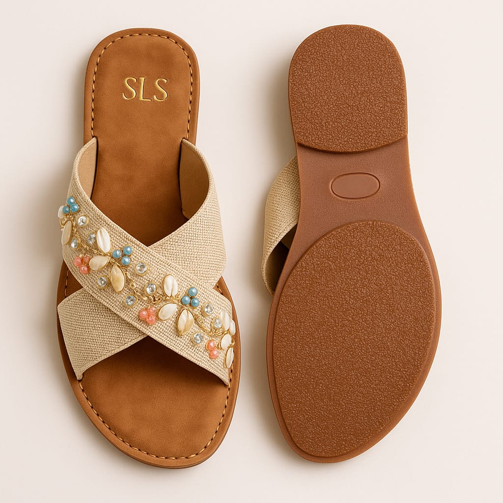 Women’s Embellished Ethnic Flats – Cross Strap Sliders with Shell & Stone Work (D20012)