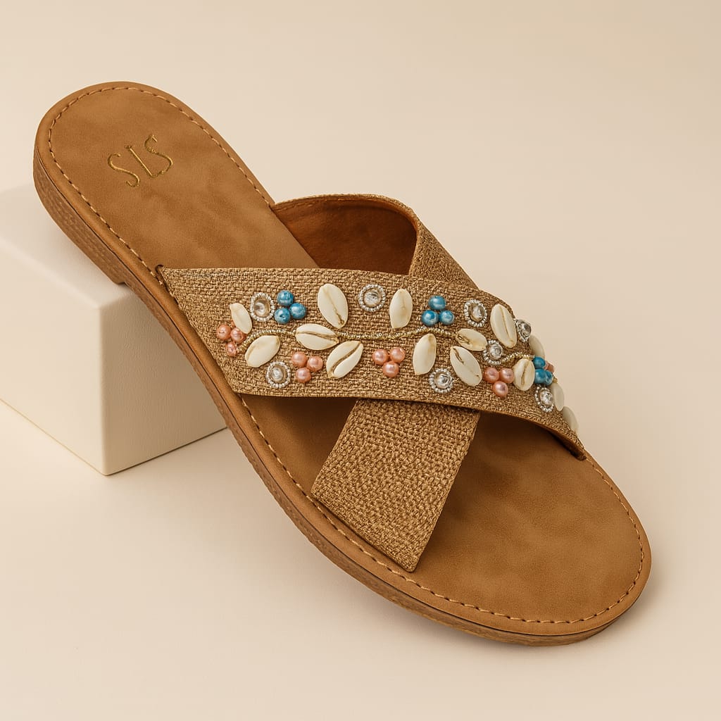 Women’s Embellished Ethnic Flats – Cross Strap Sliders with Shell & Stone Work (D20012)