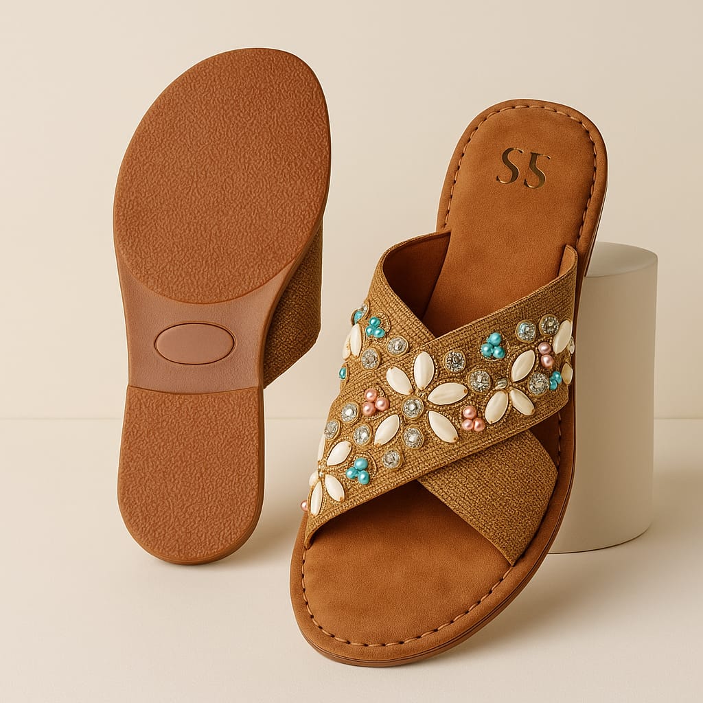 Women’s Embellished Ethnic Flats – Cross Strap Sliders with Shell & Stone Work (D20012)