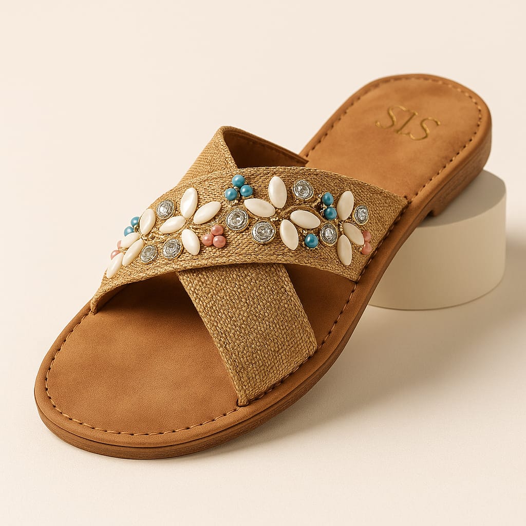 Women’s Embellished Ethnic Flats – Cross Strap Sliders with Shell & Stone Work (D20012)