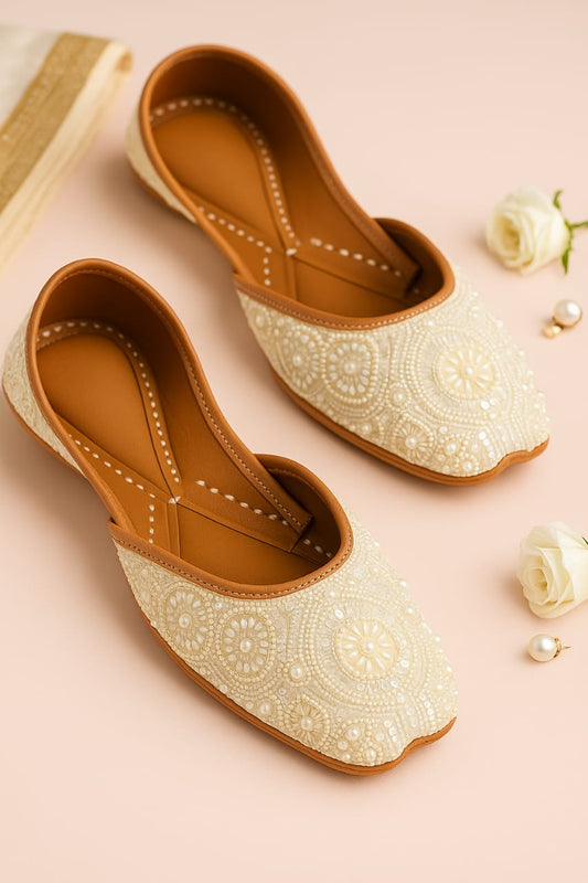Ivory Blossom – Handcrafted Pearl Embroidered Jutti  (10064)