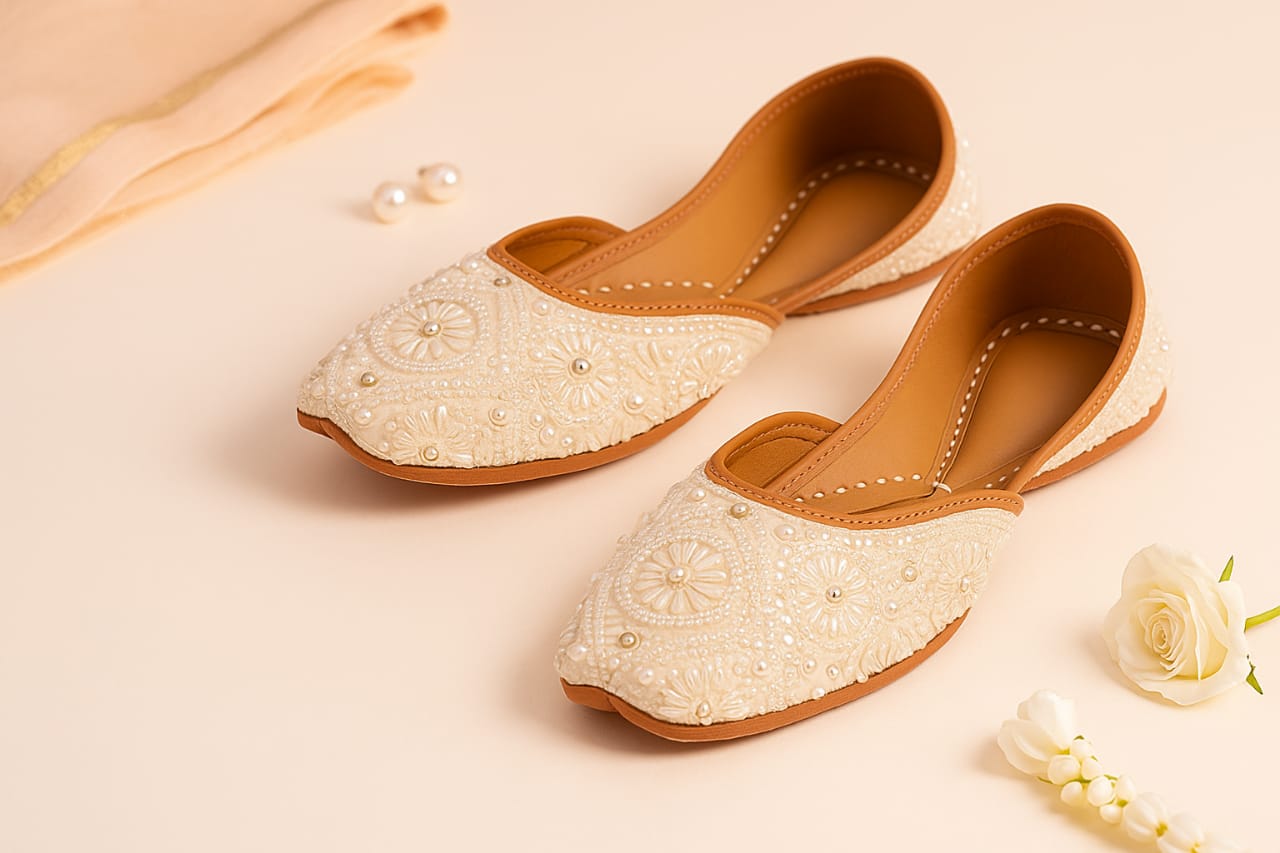 Ivory Blossom β Handcrafted Pearl Embroidered Jutti  (10064)