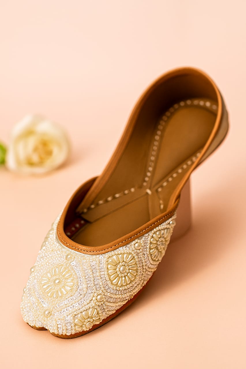 Ivory Blossom β Handcrafted Pearl Embroidered Jutti  (10064)