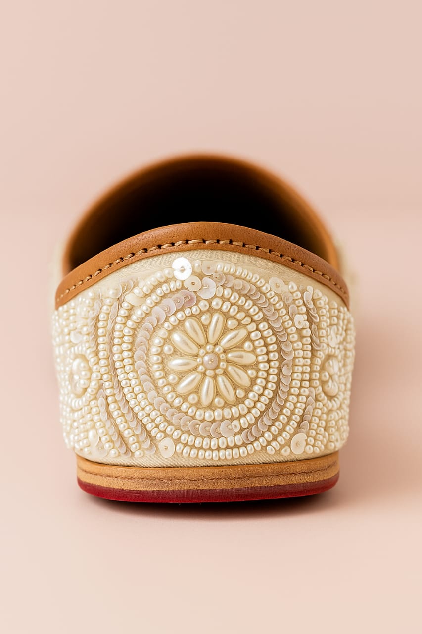 Ivory Blossom β Handcrafted Pearl Embroidered Jutti  (10064)