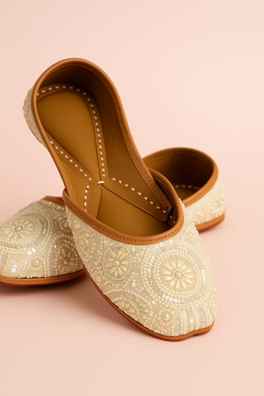 Ivory Blossom β Handcrafted Pearl Embroidered Jutti  (10064)