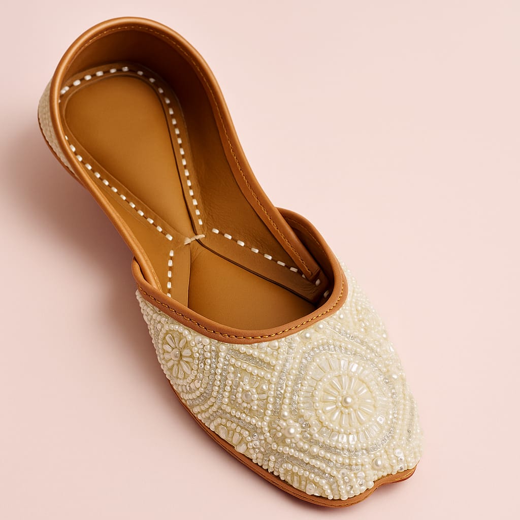 Ivory Blossom β Handcrafted Pearl Embroidered Jutti  (10064)
