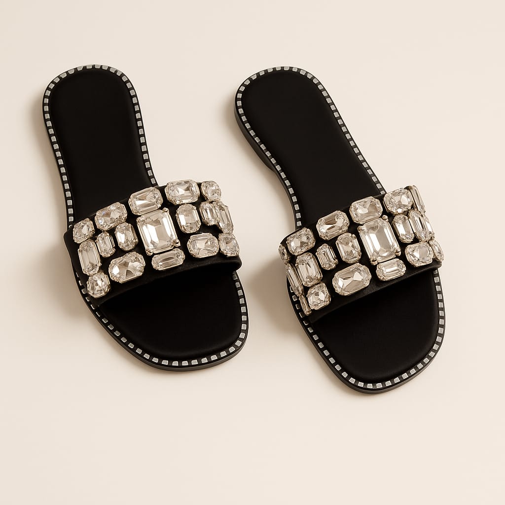 Women's Black Slip-On Flats with Oversized Crystal Embellishments  (LC-744)